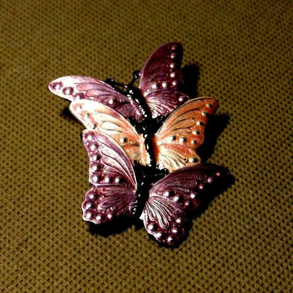 VTG Butterflies Brooch Enameled Filigree 3 Purple - Picture 2 of 8